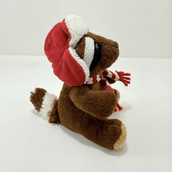 Sears Raccoon Reginald Christmas Plush Toy Winter Scarf Hat Earmuffs Sit Shelf - Picture 2 of 12